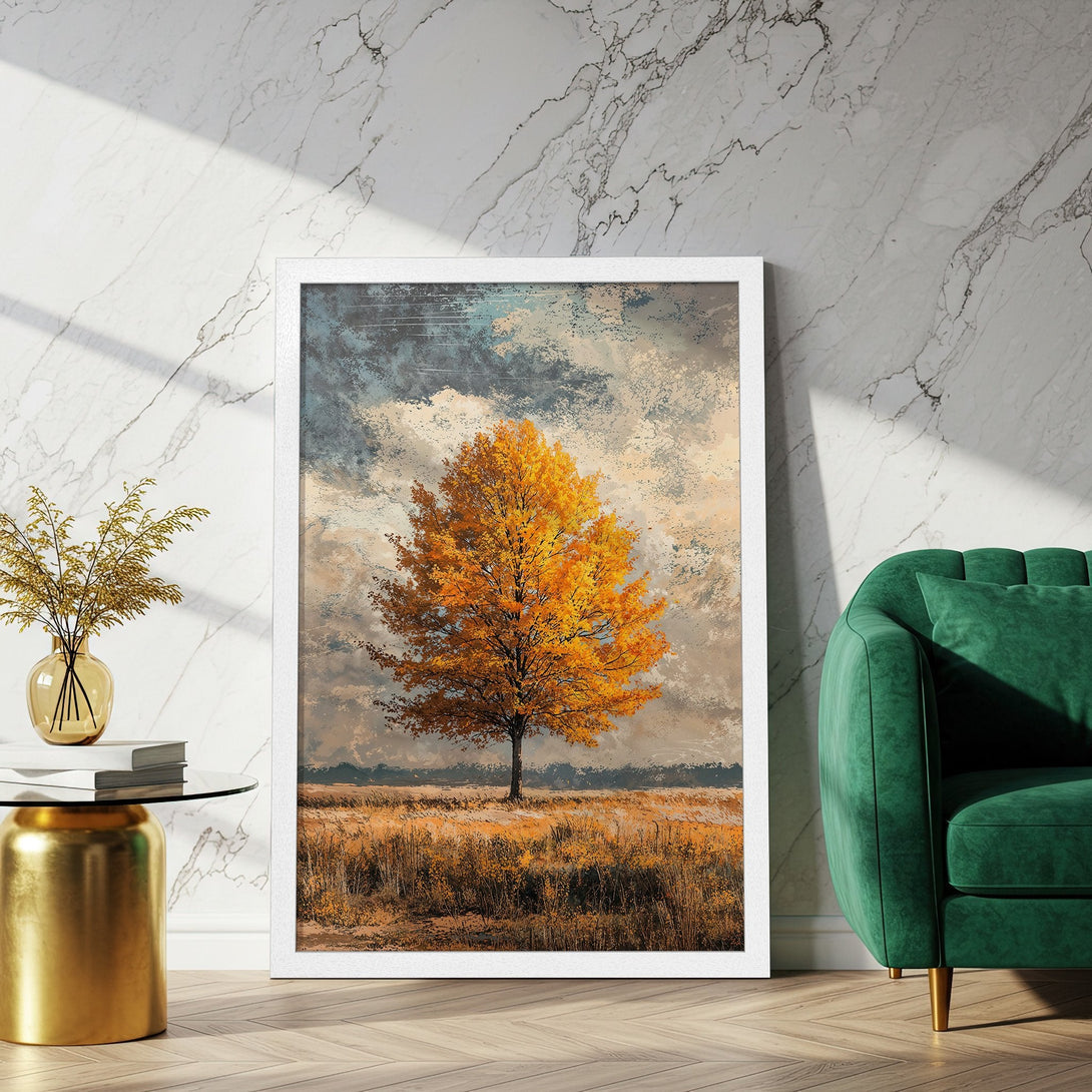 Framed Poster featuring a vibrant autumn tree in a painterly style, warm yellow & orange tones. Perfect wall art decor.