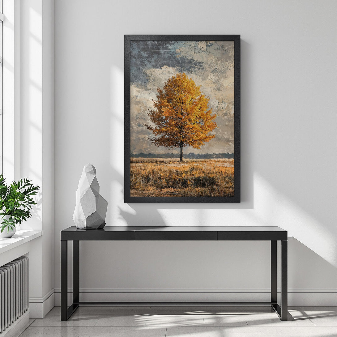 Framed Poster featuring a vibrant autumn tree. Artistic style with warm yellow, brown, and gray color palette. Perfect wall art for your home.