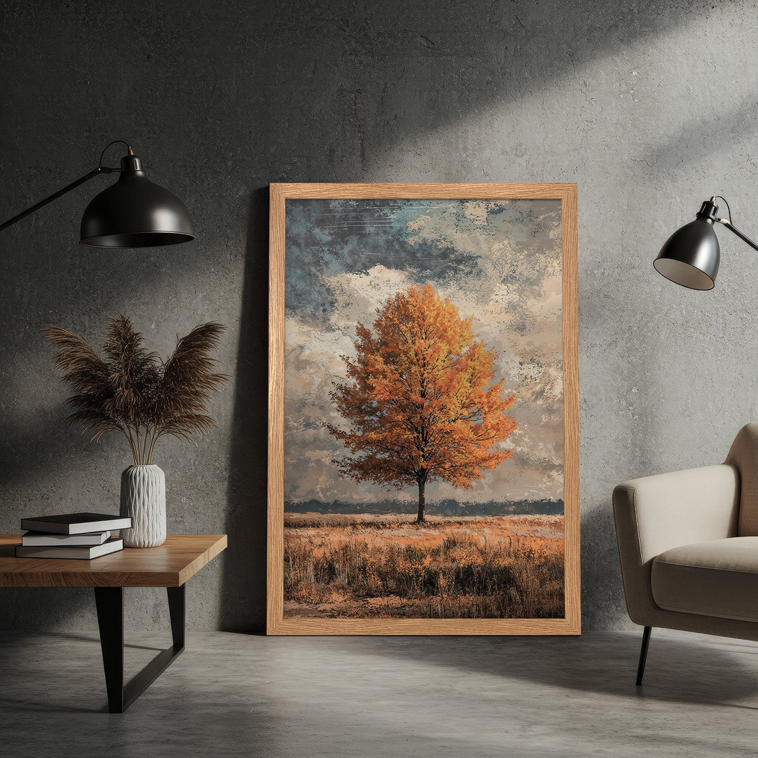 Framed Poster of autumn tree art in warm orange and blue tones. Perfect home decor piece for a cozy living room.