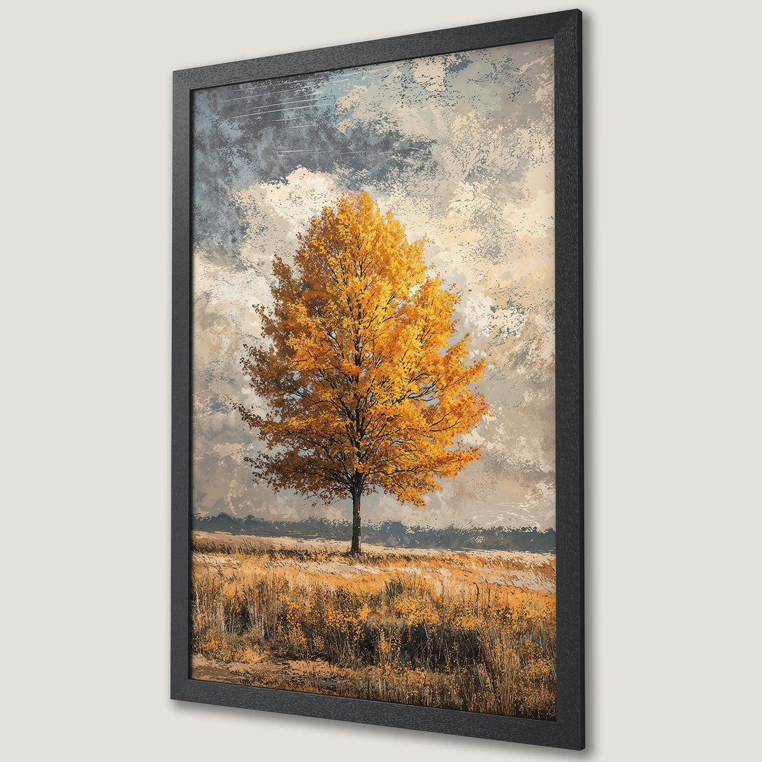 Framed Poster of a vibrant autumn tree in a field. Impressionistic style with warm yellow, gold, and gray color palette. Perfect wall art.