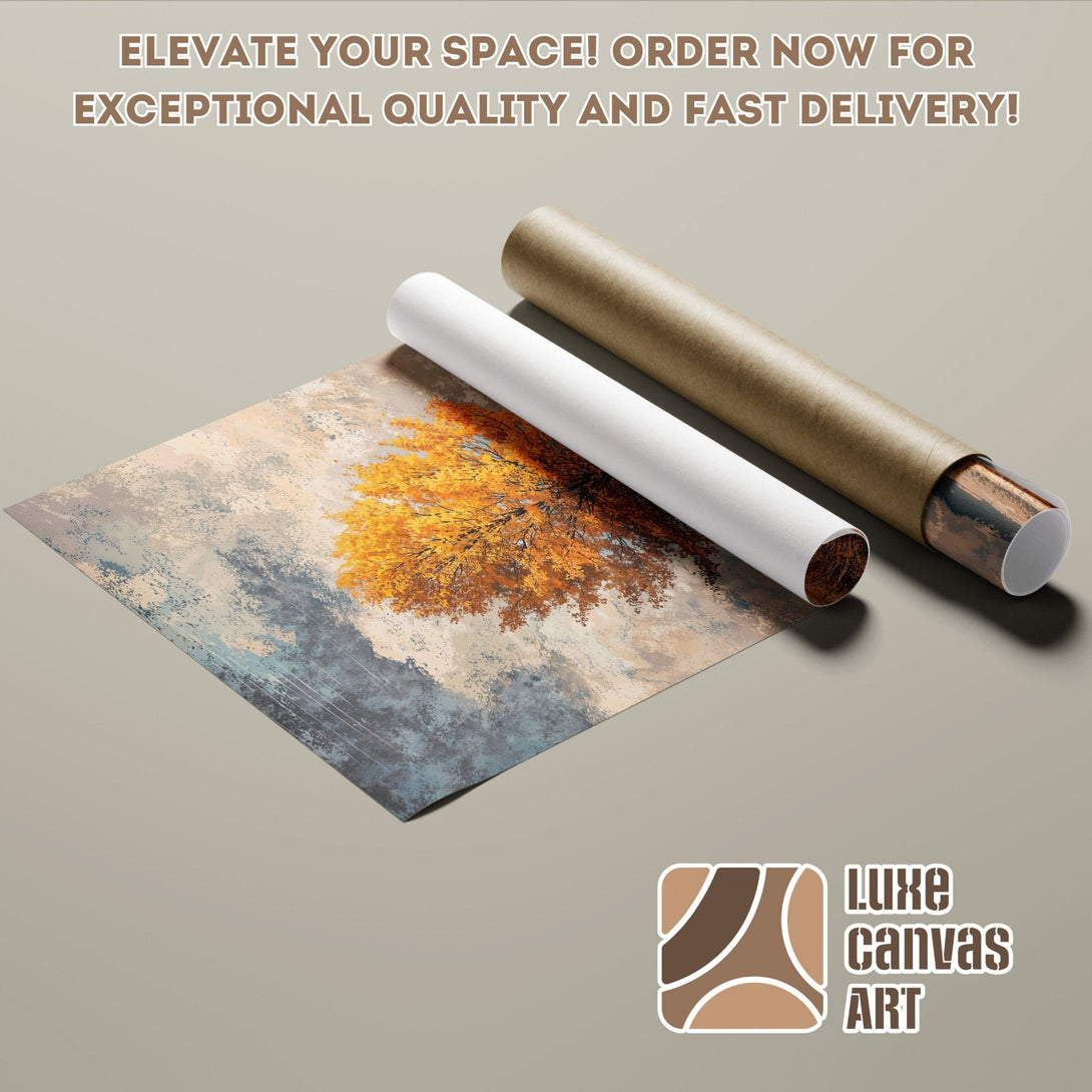 Abstract art poster roll featuring a tree in warm tones, with blue and gray accents. Elevate your space!
