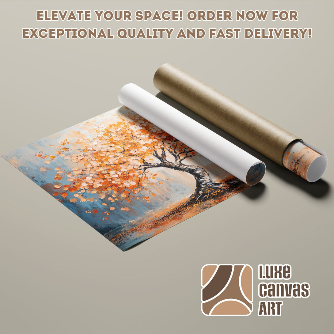 Poster Roll of a vibrant tree painting, featuring orange and blue hues. Perfect wall art!