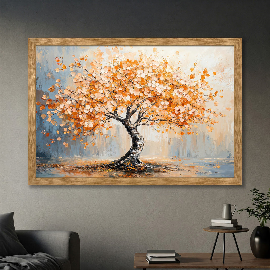 Framed Poster featuring a vibrant tree painting in warm orange and blue tones. Perfect wall art for any room!