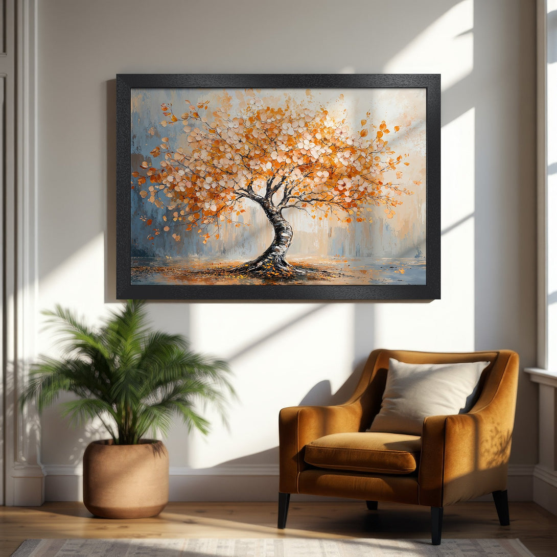 Framed Poster of an autumn tree in warm orange and blue tones, perfect for home decor.