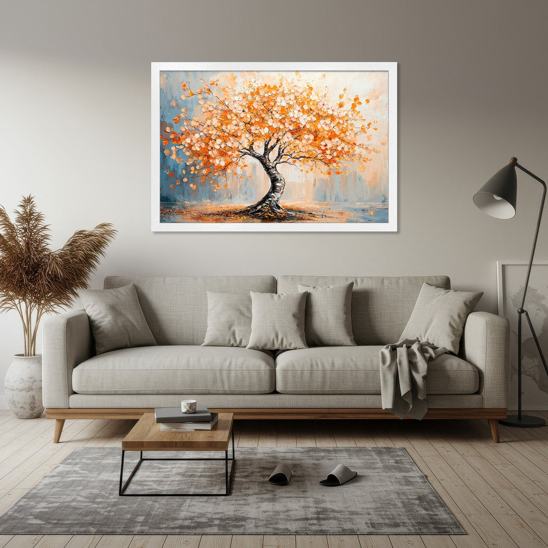 Framed Poster featuring a vibrant tree painting with orange leaves, impressionistic style, and a warm color palette. Perfect wall art!