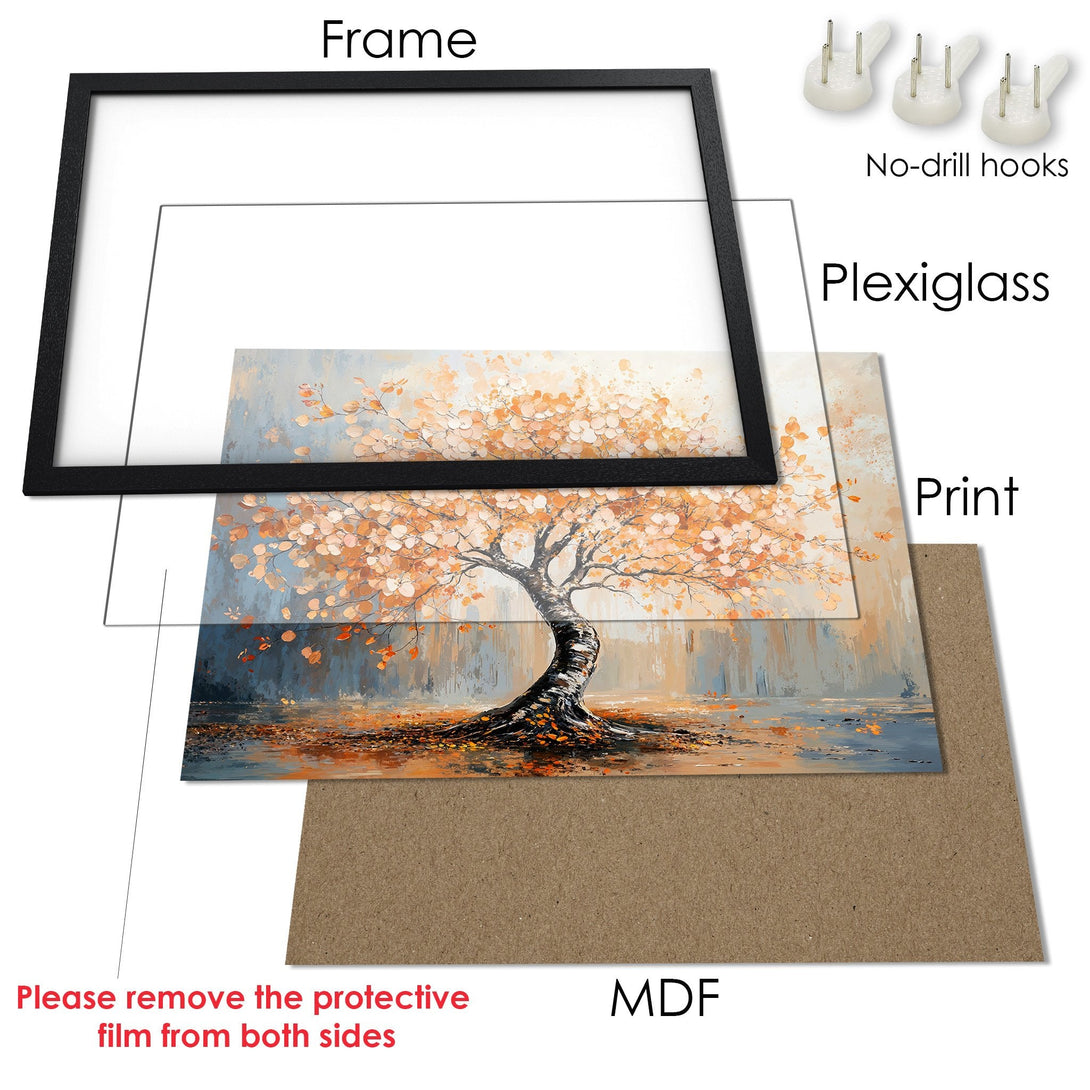 Framed Poster featuring a serene tree art print, with a warm color palette of orange, blue, and brown. Perfect wall decor!