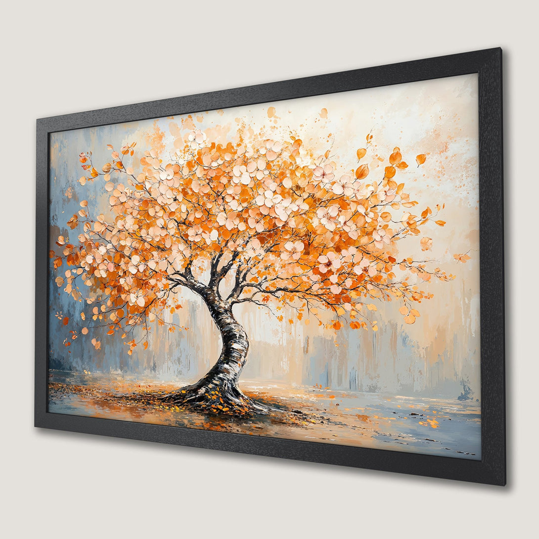 Framed Poster of an abstract tree painting in warm orange and gray tones. Modern art decor.