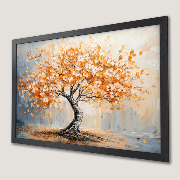 Framed Poster of an abstract tree painting in warm orange and gray tones. Modern art decor.
