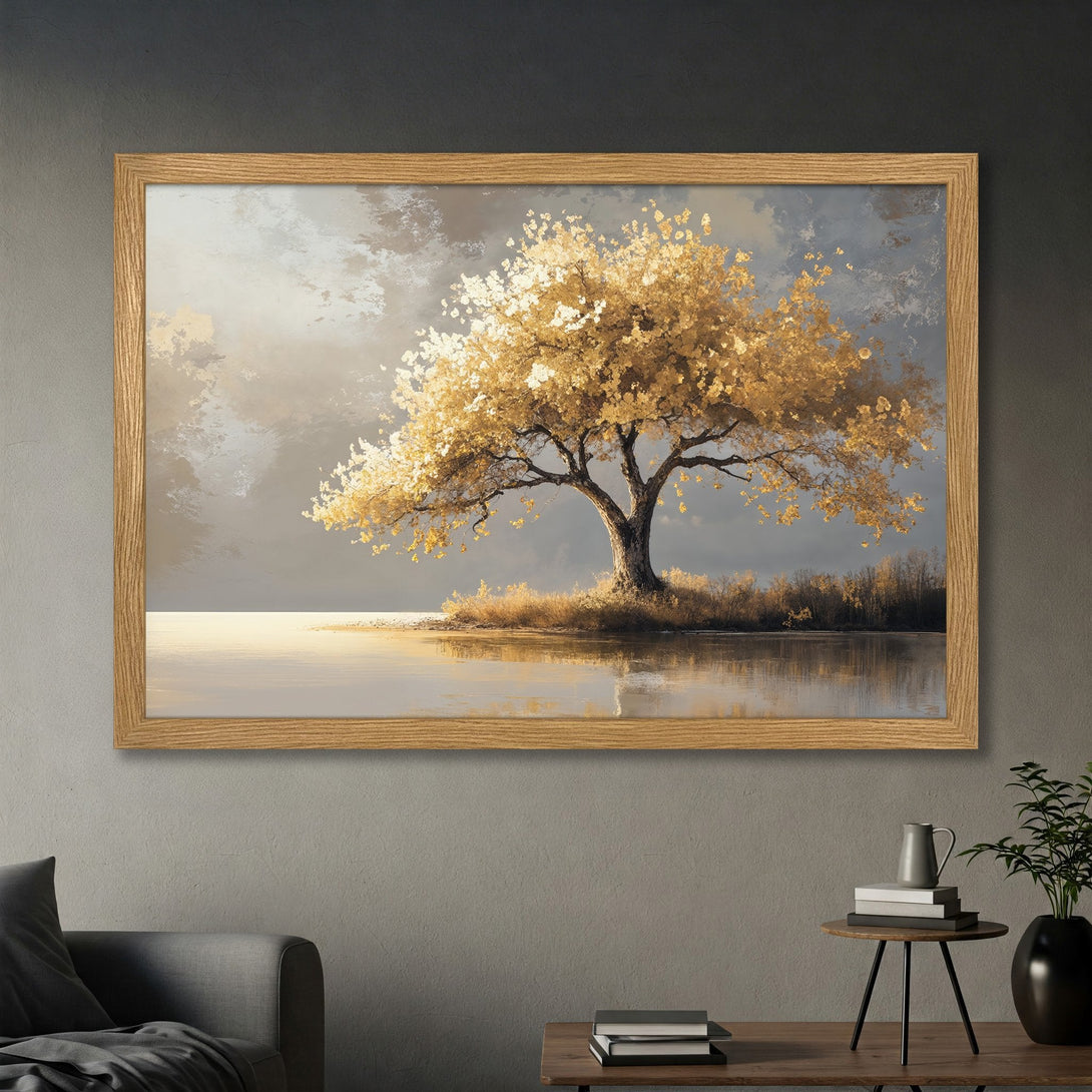 Framed Poster featuring a golden tree landscape painting. Artistic style with a warm, neutral color palette. Perfect wall art for any space.
