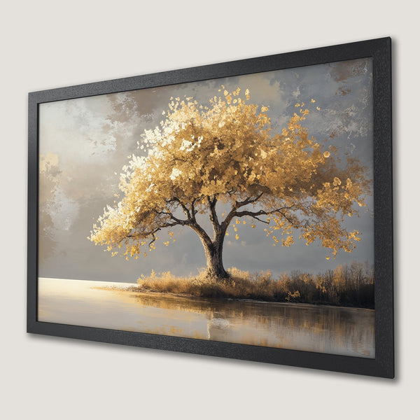 Framed Poster featuring a golden tree by a lake. Artistic style with a warm, neutral color palette. Perfect wall art!