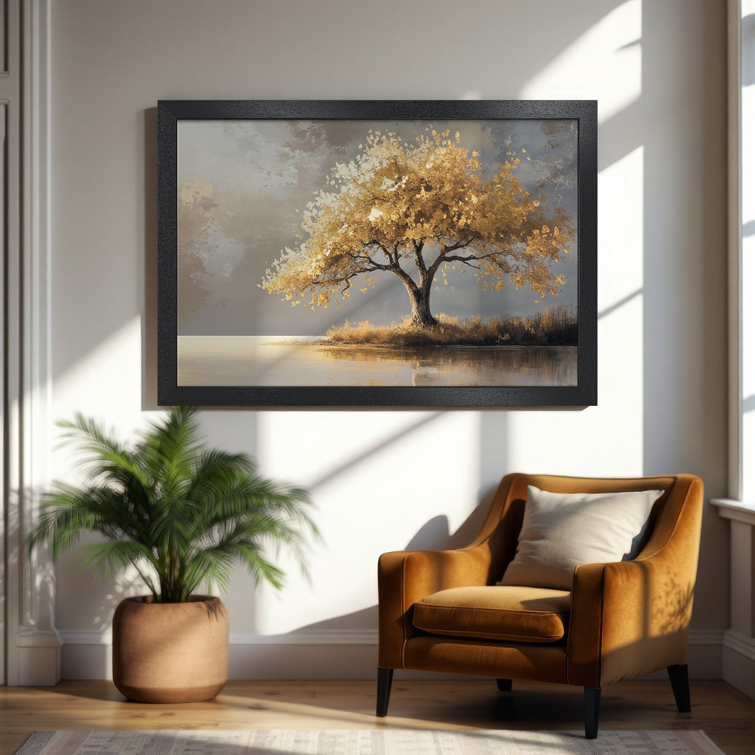 Framed Poster featuring a golden tree landscape art print. Neutral tones with a touch of warmth, perfect for home decor.