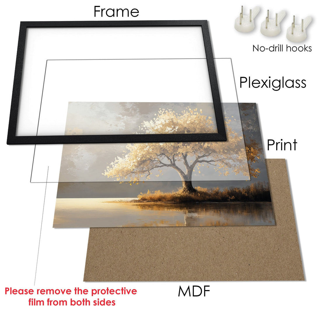Framed Poster of a serene tree landscape in a muted gold and gray color palette, perfect for adding a touch of elegance.
