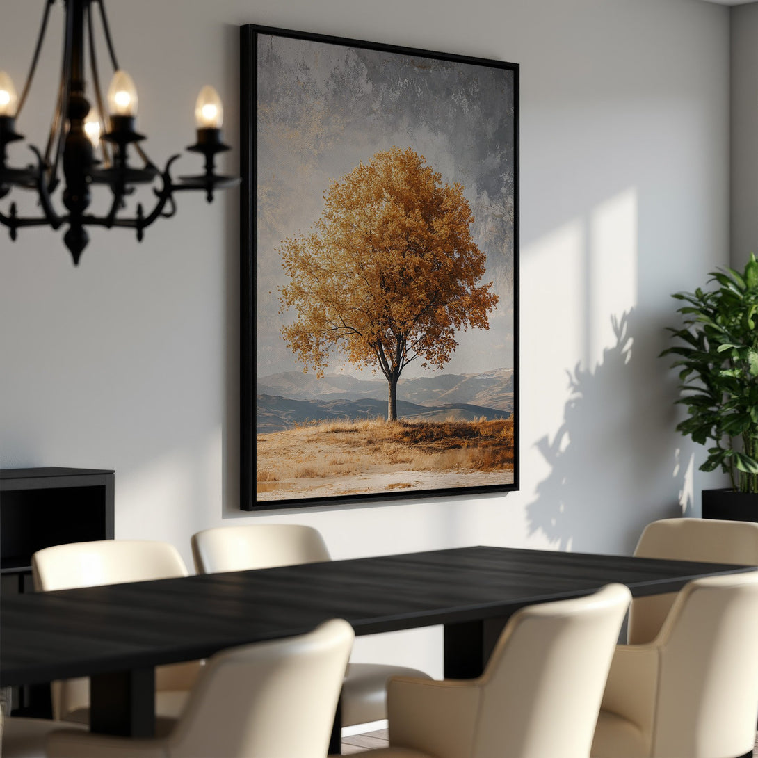 Framed Wall Art: Stunning landscape Canvas Print featuring a golden tree against a neutral sky. Warm, inviting color palette perfect for any interior.