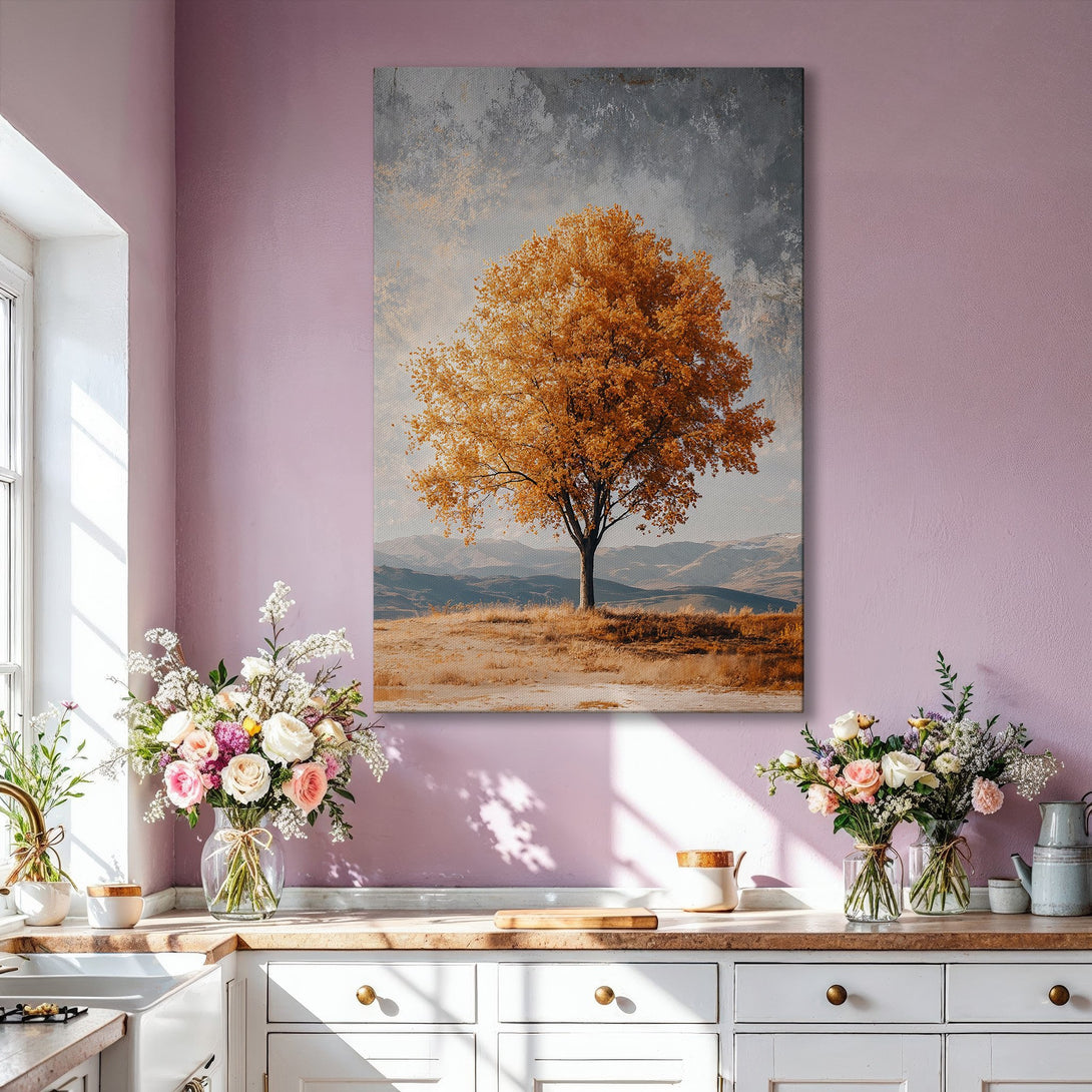 Framed Wall Art: Abstract landscape Canvas Print with a golden tree, warm neutral tones, and a touch of gray, perfect for modern interiors.