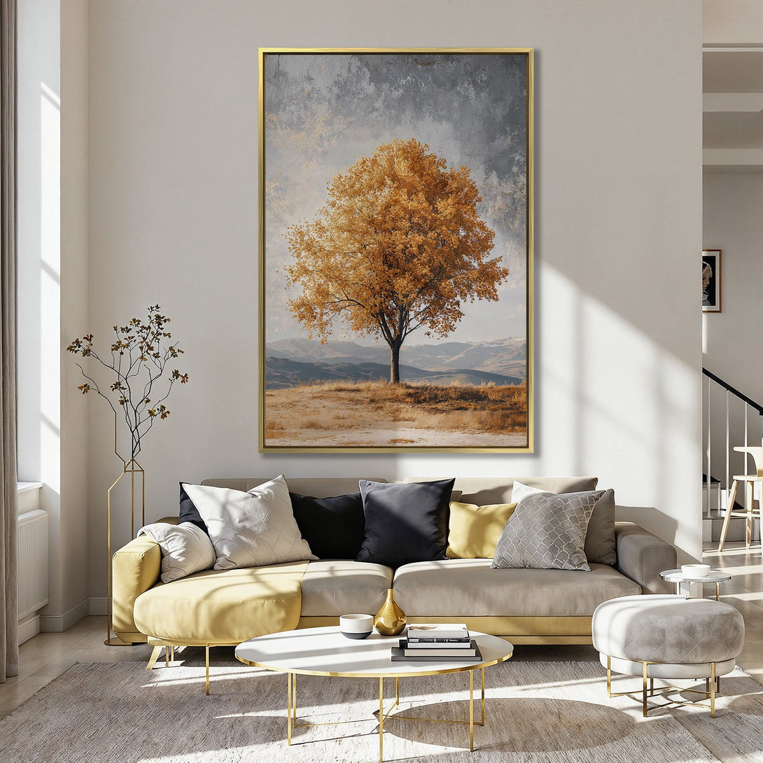 Canvas Print of a golden autumn tree, perfect for adding warmth. Earthy tones and a touch of nature to elevate your home decor.