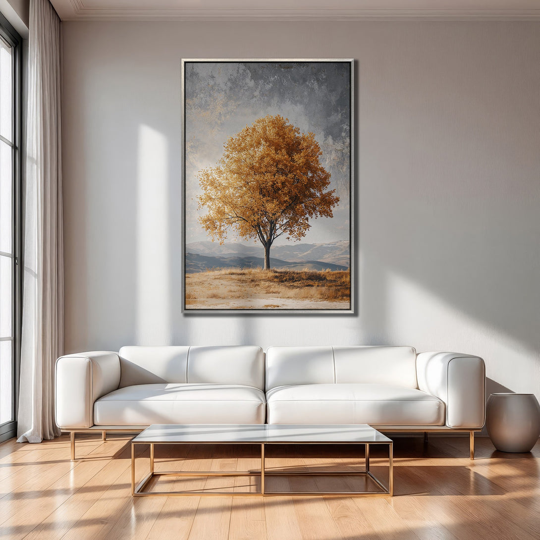 Framed Wall Art featuring a golden tree landscape. Earthy tones and modern style create a serene atmosphere. Perfect for living room decor.