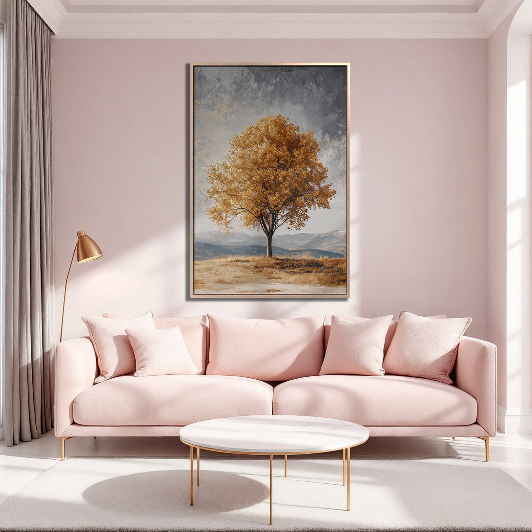 Framed Wall Art featuring a golden tree in a minimalist landscape. Soft, warm color palette complements the modern interior. Perfect wall decor!