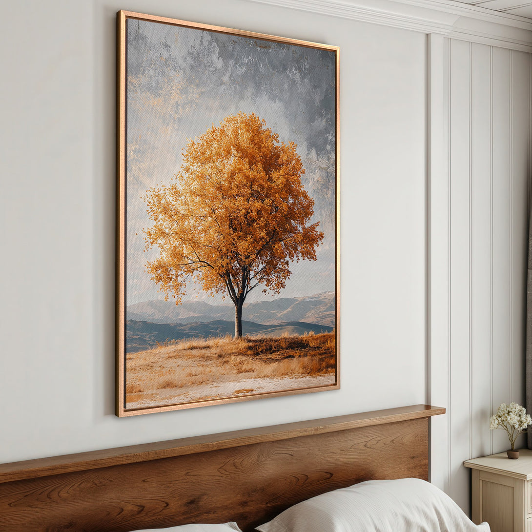 Framed Wall Art featuring a golden tree landscape. Warm color palette with earthy tones. Perfect for adding a touch of nature to your home decor.