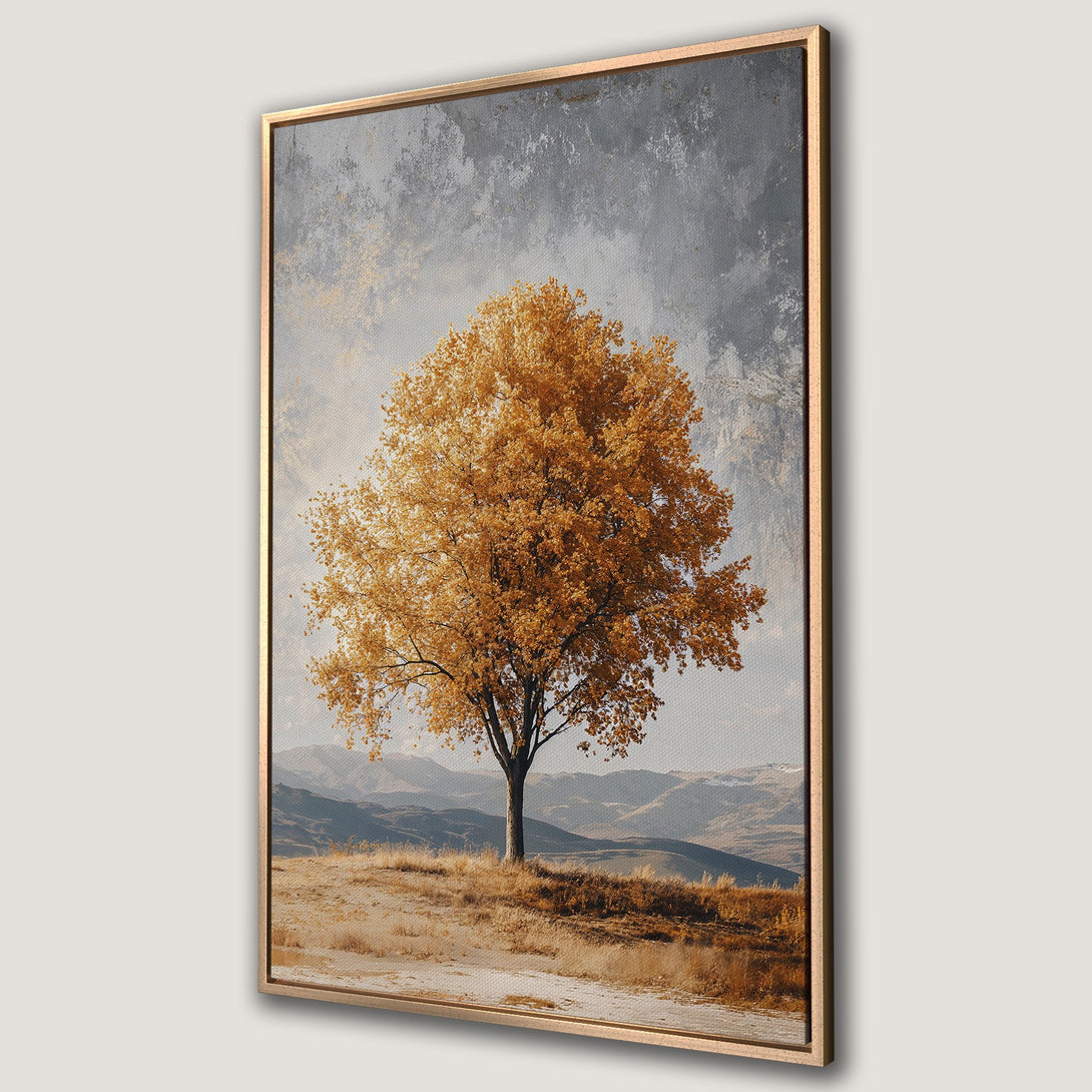 Framed Wall Art featuring a golden tree in a landscape, with a warm, earthy color palette. Perfect for adding a touch of nature to your home decor.