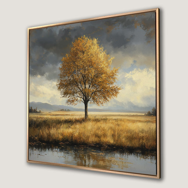Framed Wall Art: Stunning landscape Canvas Print featuring a golden tree, dramatic sky, and warm color palette. Perfect art for your home!