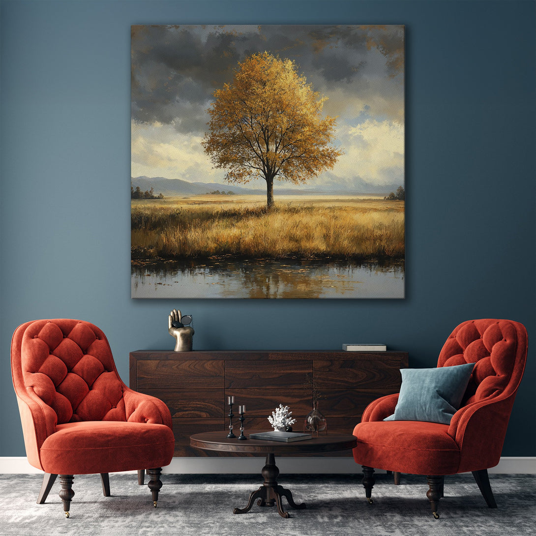 Framed Wall Art featuring a landscape painting of a tree in a field. Warm color palette complements the modern interior design.