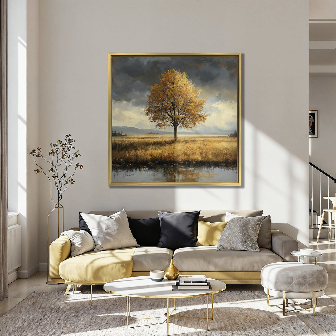 Canvas Print of a golden tree landscape, displayed in a stylish interior. Warm, earthy tones with a touch of blue. Perfect wall art for any home.
