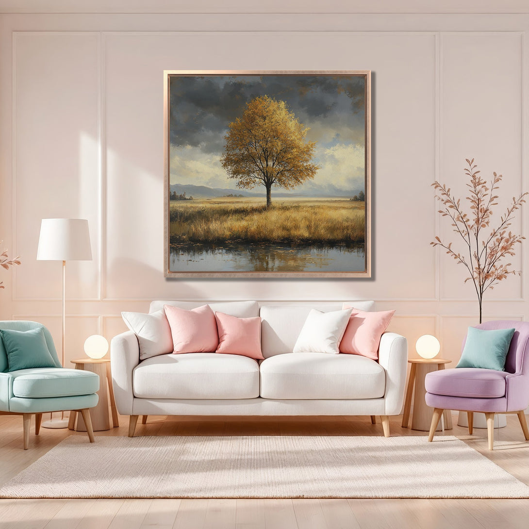 Framed Wall Art: Landscape Canvas Print with a golden tree, neutral tones, and a touch of pink. Perfect for adding warmth and style to your home!