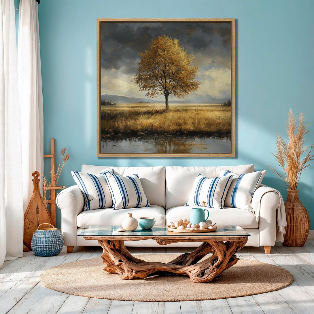 Framed Wall Art featuring a golden tree landscape. Earthy tones and a serene style create a calming atmosphere. Perfect for living rooms!