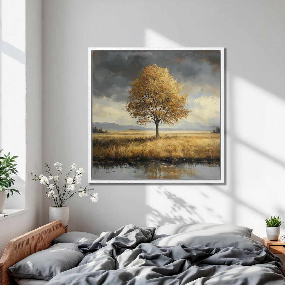 Framed Wall Art: Landscape painting of a golden tree in a field. Neutral color palette with warm tones. Perfect for bedroom decor.