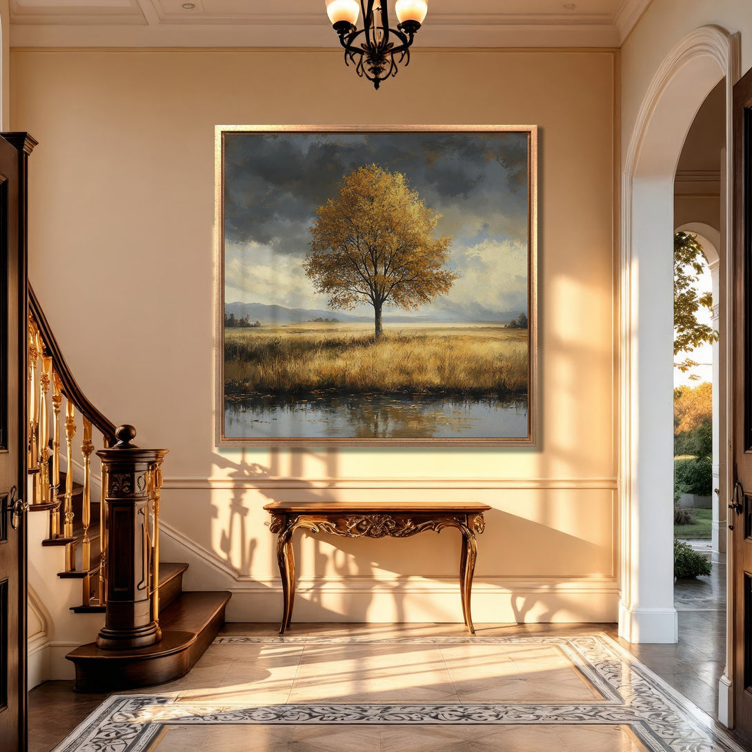 Framed Wall Art: Landscape painting of a golden tree in a field. Warm color palette with neutral walls and classic interior design. Enhance your home decor!