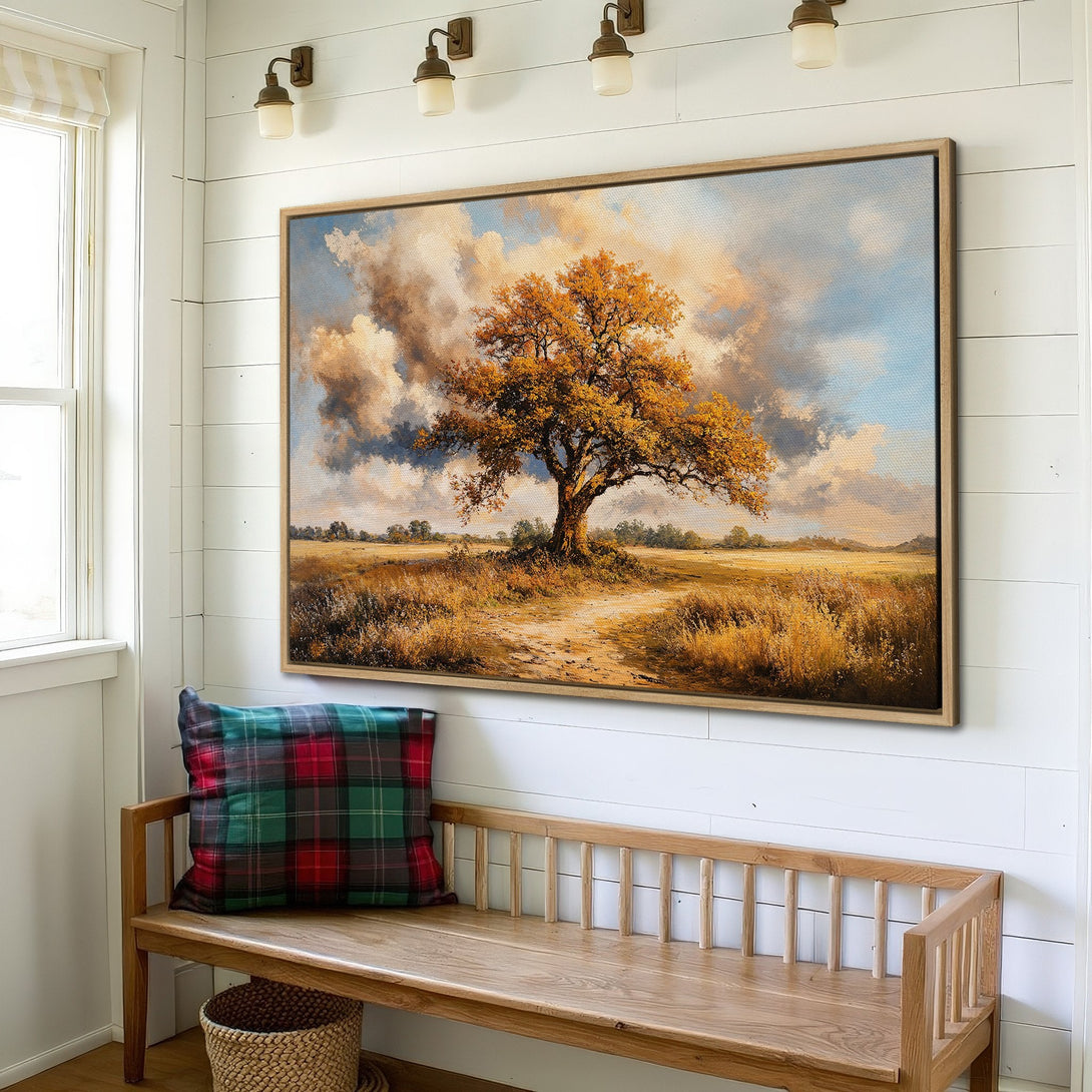 Framed Wall Art of a majestic tree in a field, warm autumn color palette. Rustic landscape art perfect for home decor.