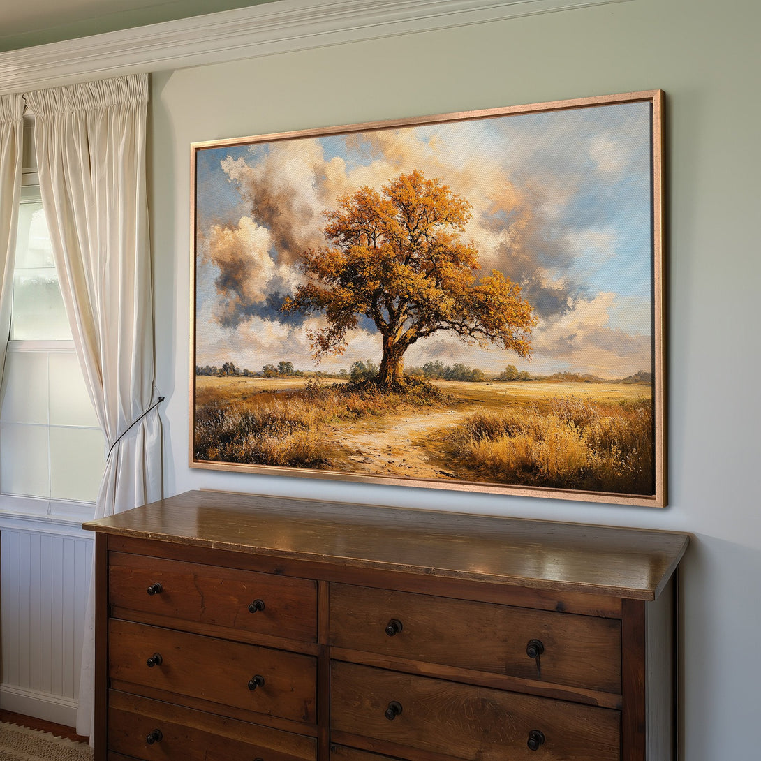 Framed Wall Art: Autumn tree landscape painting with warm, golden hues. Perfect for adding a touch of nature and elegance to your home decor.