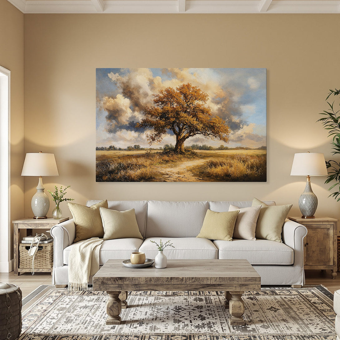 Framed Wall Art: Autumn tree landscape canvas print in warm gold & blue tones. Perfect for adding a touch of nature to your home decor.