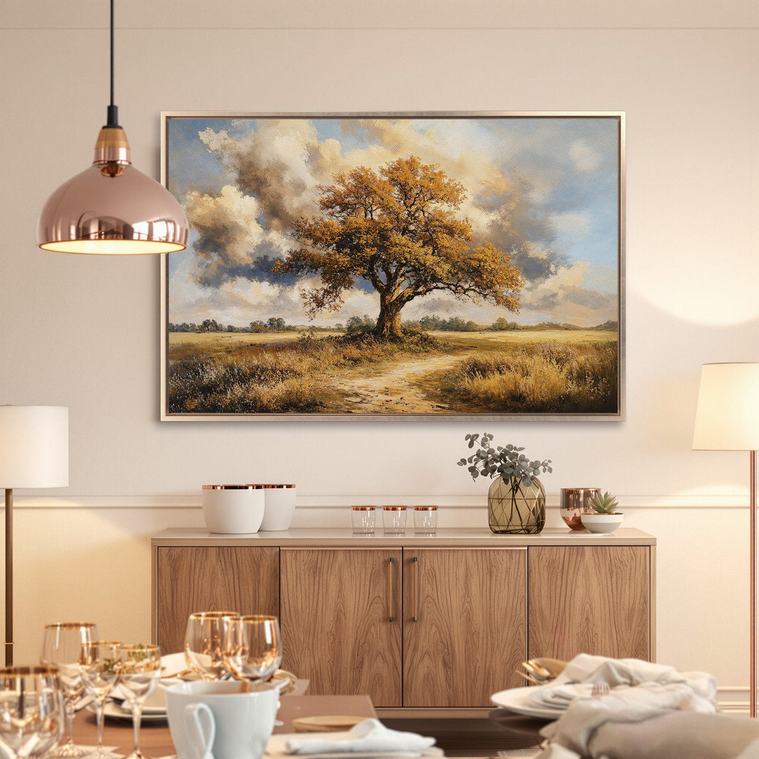 Framed Wall Art: Stunning landscape Canvas Print with a golden tree, warm earth tones, and a touch of blue sky. Perfect for adding elegance to any room!