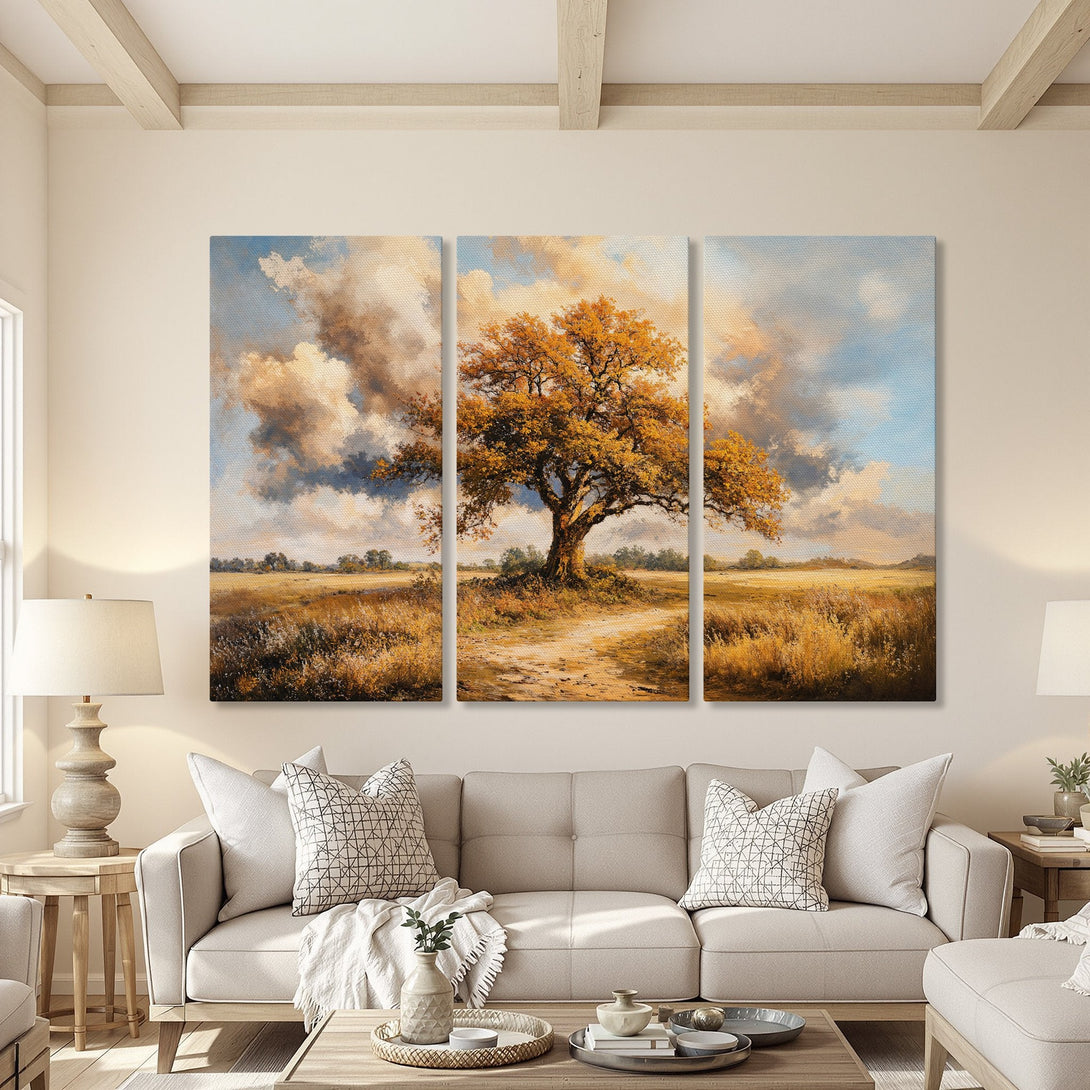 Canvas Print of a majestic tree painting in warm autumn tones, displayed in a cozy living room. Rustic style with a golden, earthy color palette.