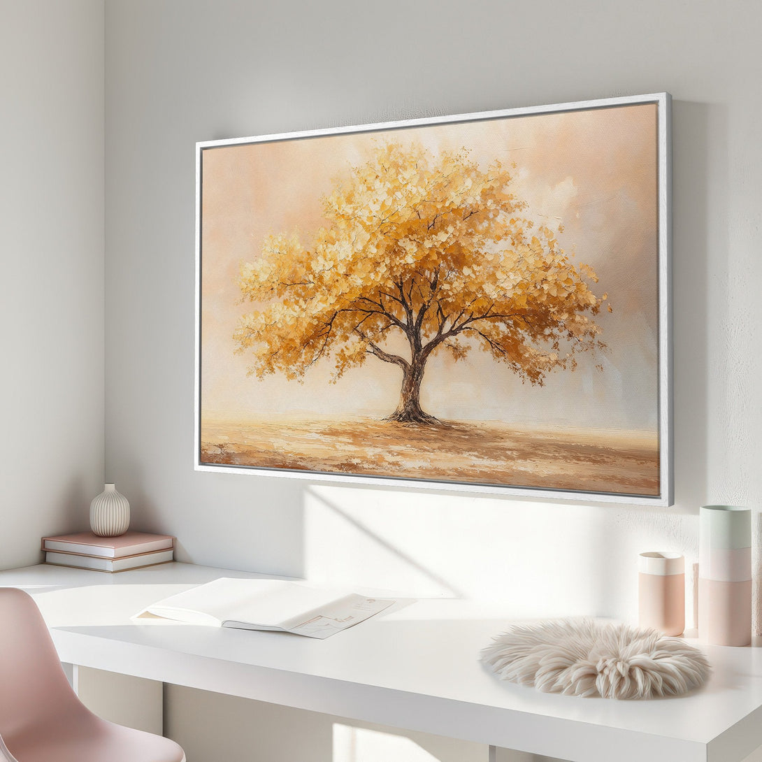 Framed Wall Art: Majestic tree painting in warm gold and brown tones. Perfect for adding a touch of nature and elegance to any space.