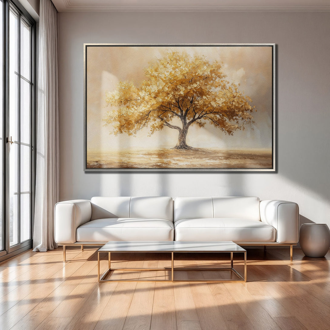 Framed Wall Art: Golden tree painting in a modern living room. Earthy tones and warm color palette create a calming, inviting space.