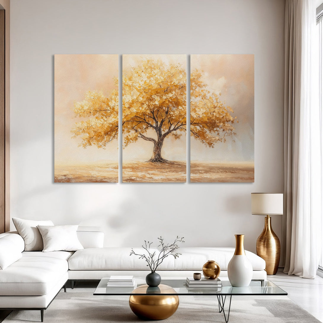 Canvas Print of a golden tree painting in a modern interior. Warm, neutral color palette. Perfect wall art for a living room.