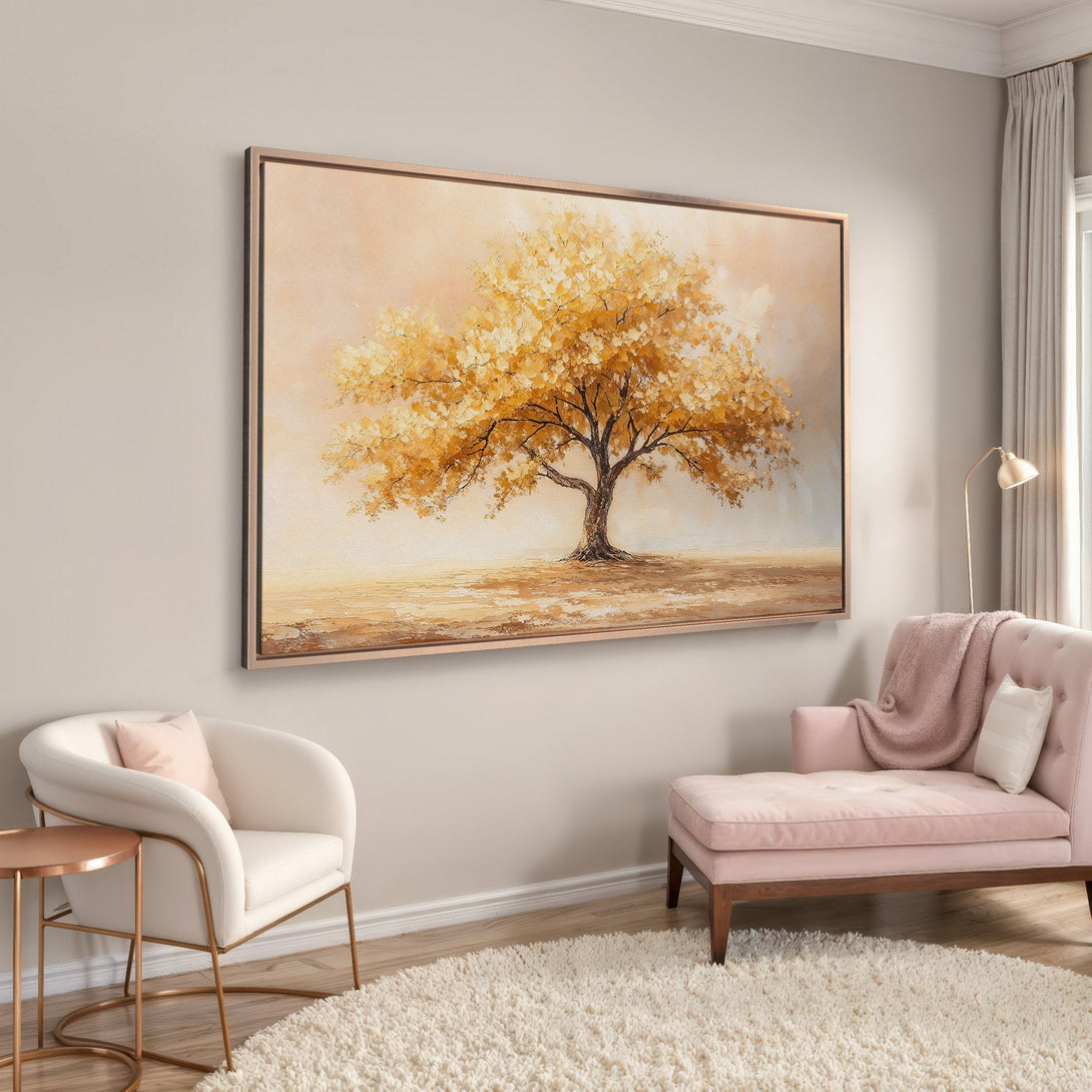 Framed Wall Art: Golden tree painting in warm tones. Abstract style canvas print adds elegance to interior decor. Perfect for living rooms & bedrooms.