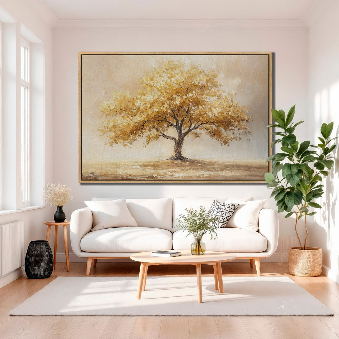 Framed Wall Art: Golden tree painting in a neutral living room. Warm, earthy tones create a calming atmosphere. Perfect for adding a touch of nature to your space.