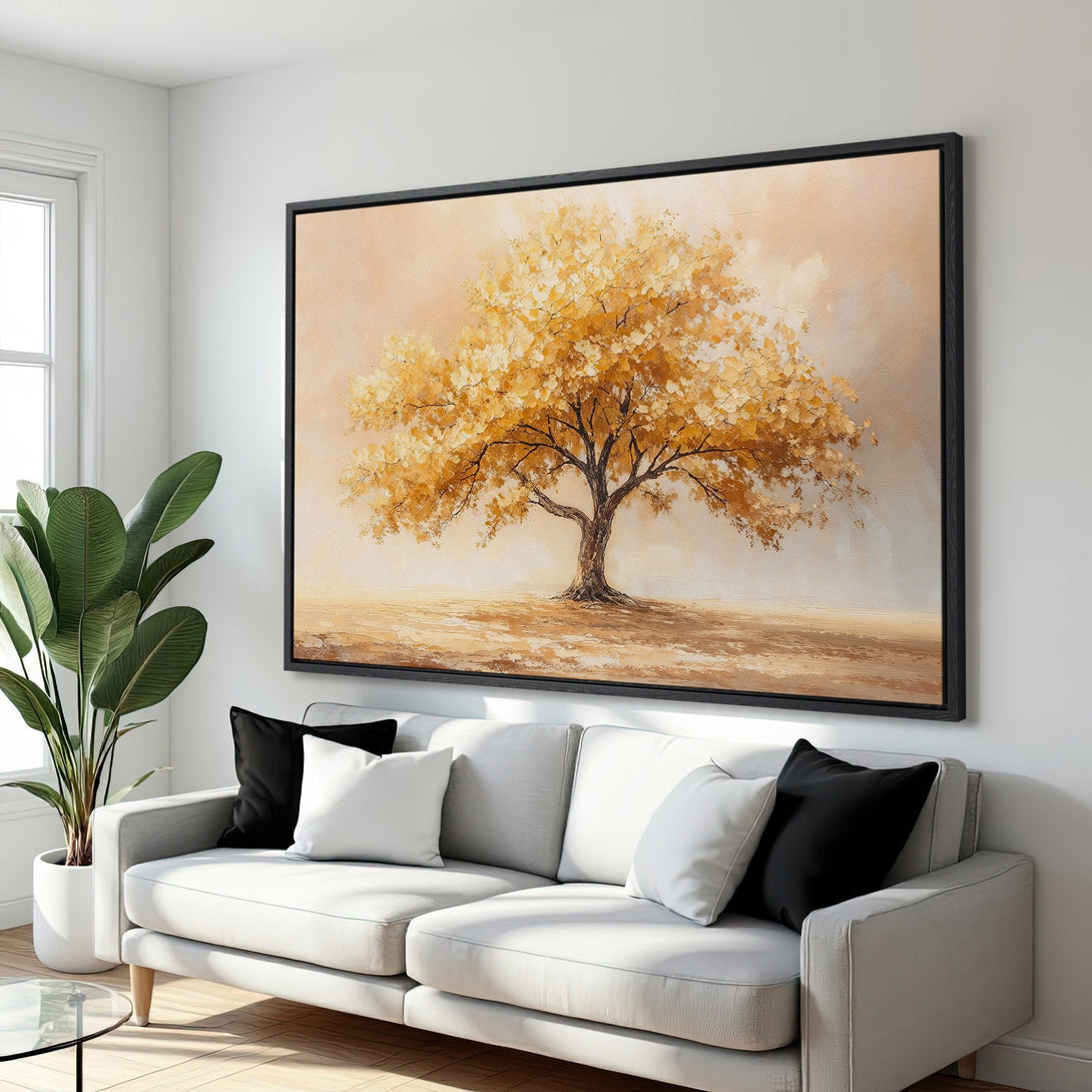 Framed Wall Art: Stunning golden tree painting in warm, earthy tones. Perfect for adding a touch of nature & elegance to your living room. Shop now!