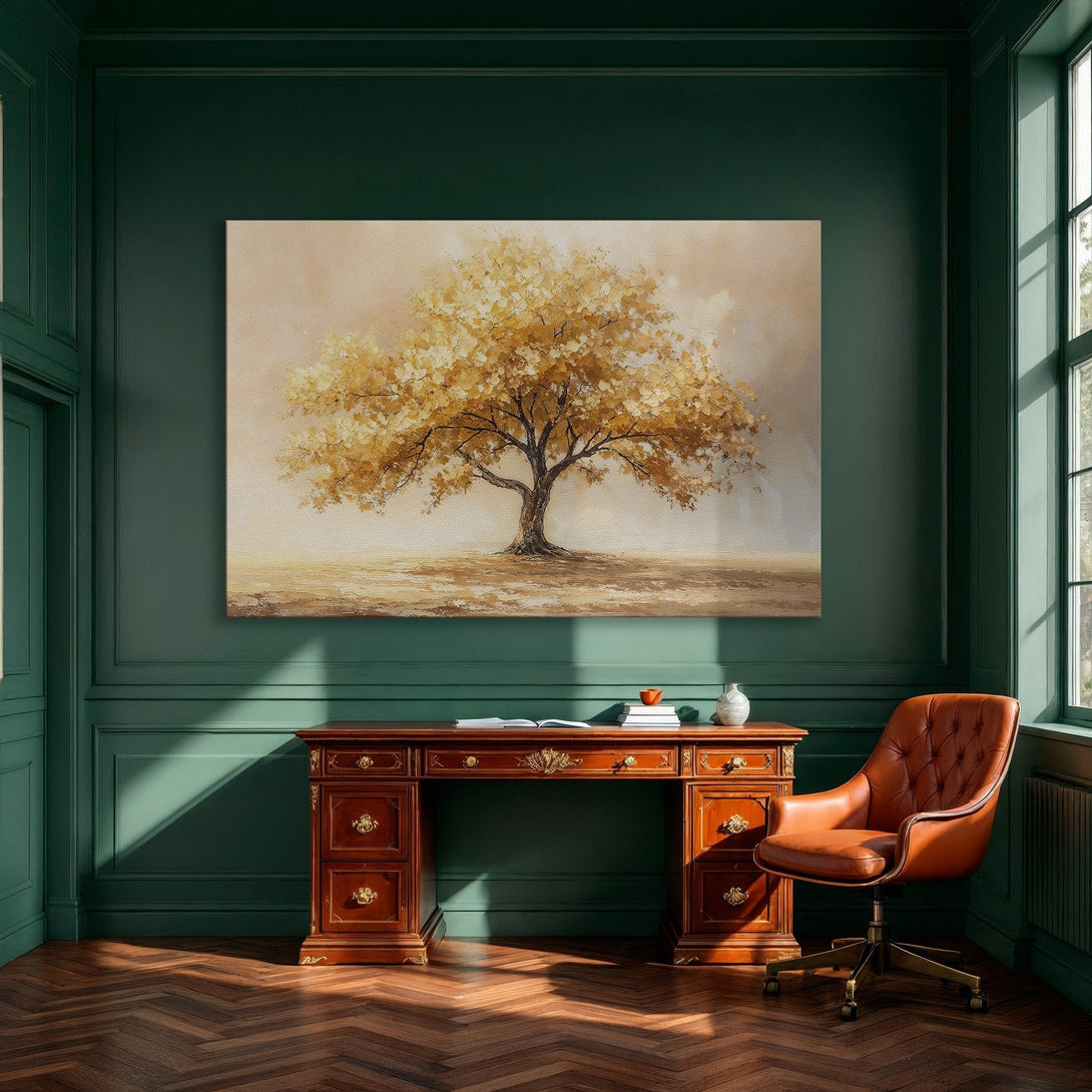 Framed Wall Art of a golden tree painting in a dining room. Warm, earthy tones create a calming atmosphere. Perfect for home decor.