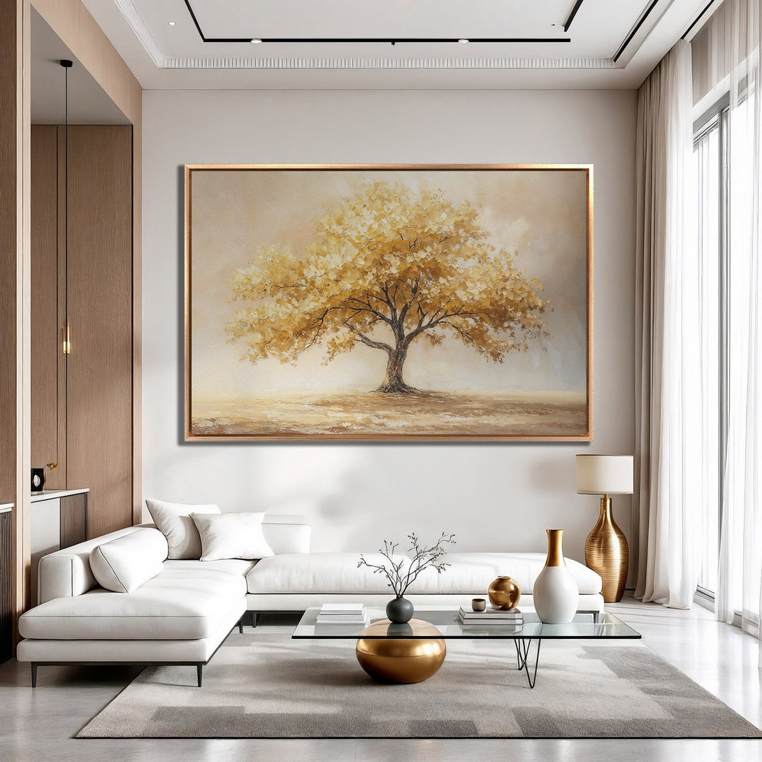 Framed Wall Art: Golden tree painting in a neutral, modern living room. Warm, earthy tones create a calming and stylish interior.