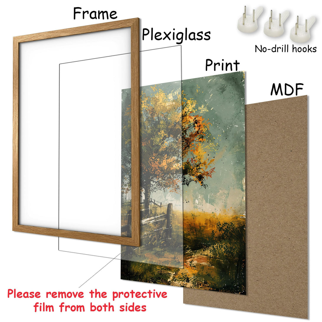 Framed Poster of a landscape painting with autumn colors. Rustic style art print for home decor. Ready to hang.