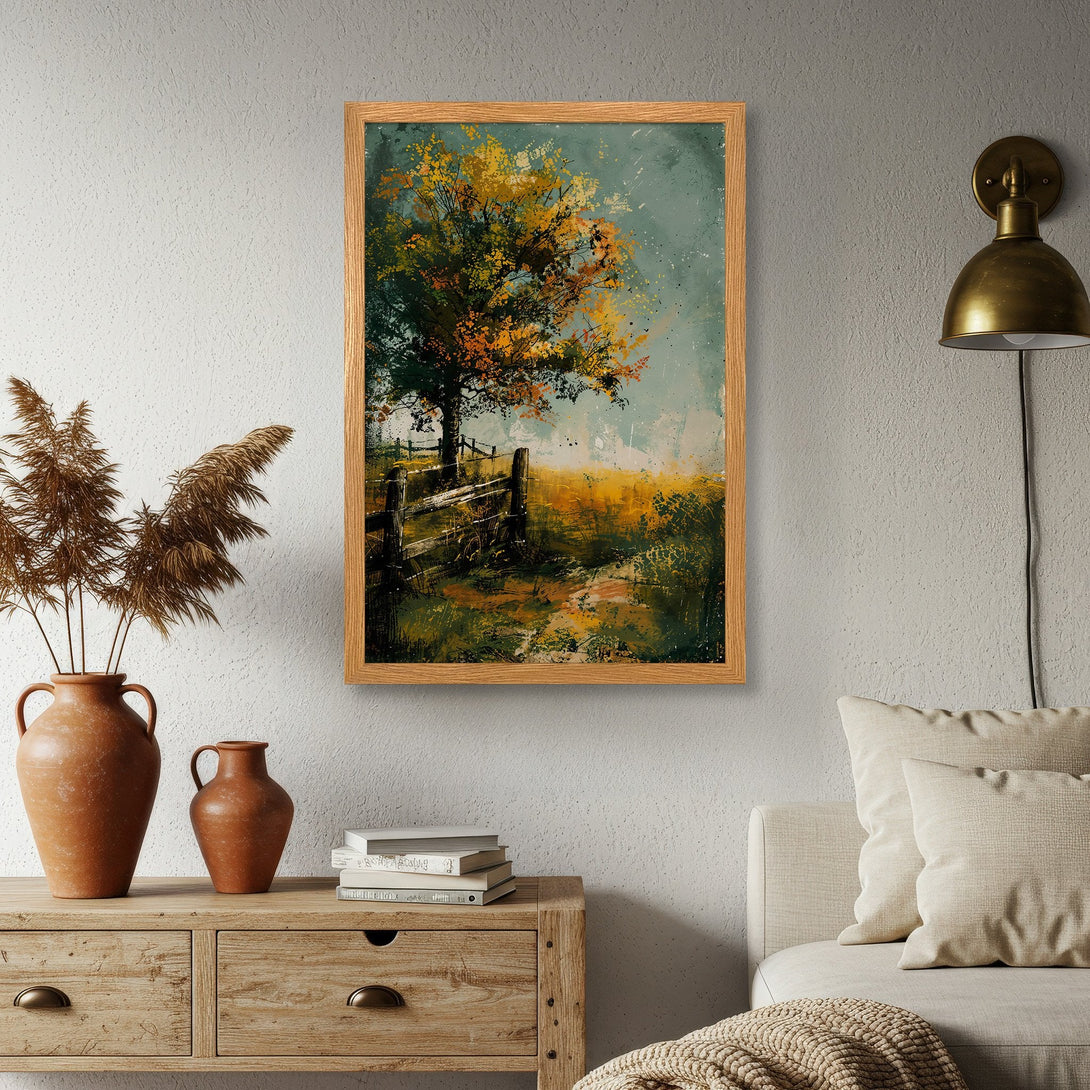 Framed Poster of a tree in a field, impressionist style, warm earth tones. Perfect wall art for your home!