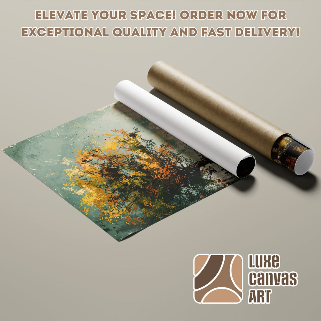 Abstract art Poster Roll featuring a tree with a teal, yellow, and brown color palette. Order yours today!