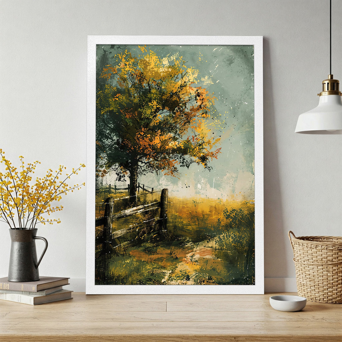 Framed Poster featuring an abstract landscape painting. Earthy tones of green, yellow, and brown create a warm, inviting aesthetic. Perfect wall art!
