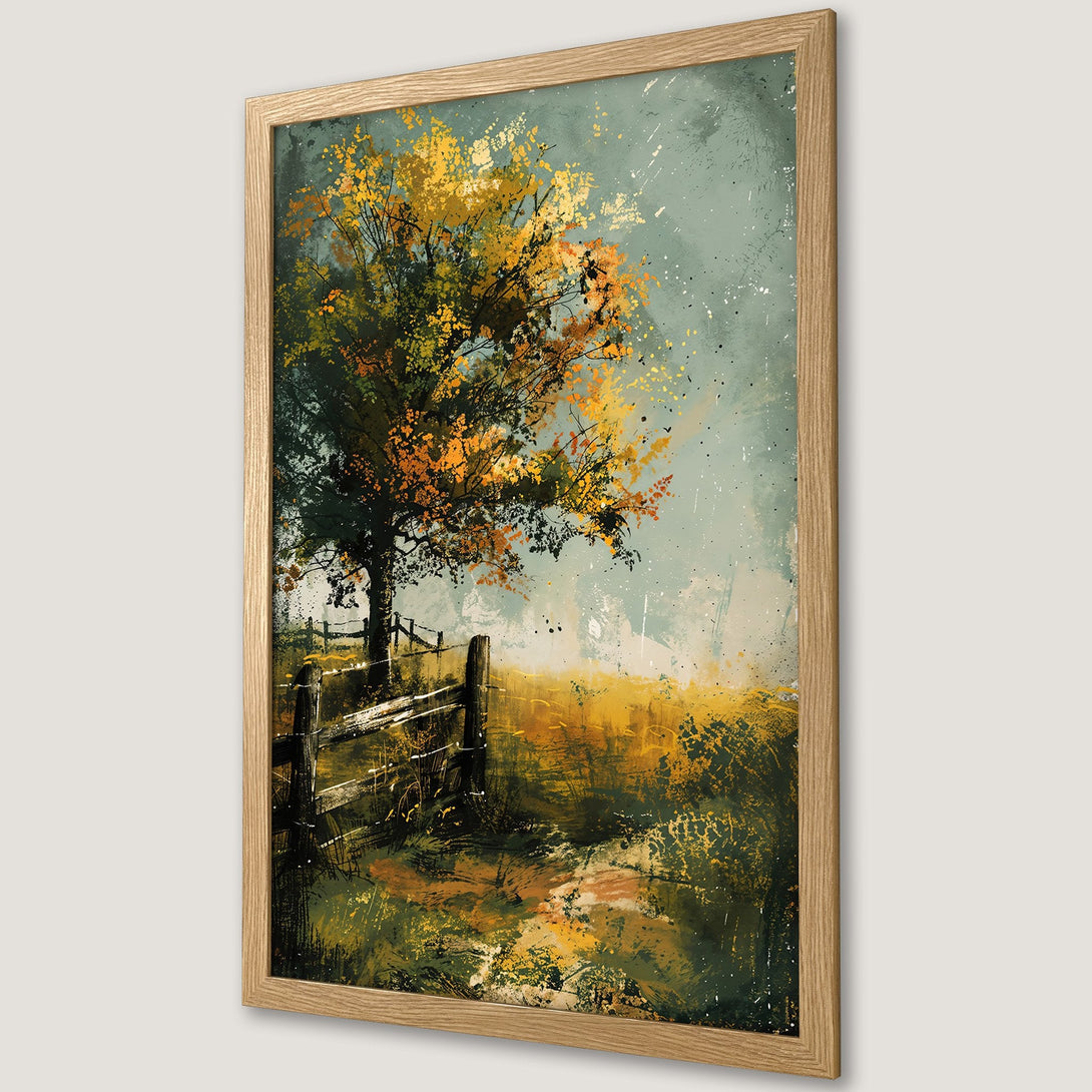 Framed Poster of a tree and fence in an abstract style with a warm, earthy color palette. Perfect wall art for your home!