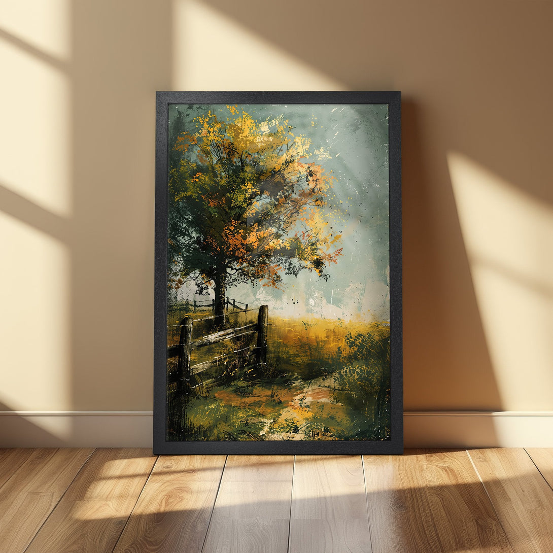 Framed Poster featuring a tree and fence in a painterly style with a warm color palette of greens, yellows, and oranges. Perfect wall art!