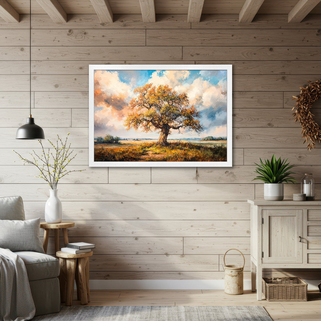 Framed Poster of a vibrant tree in a landscape painting. Warm, earthy tones with blue sky. Perfect wall art for any home.